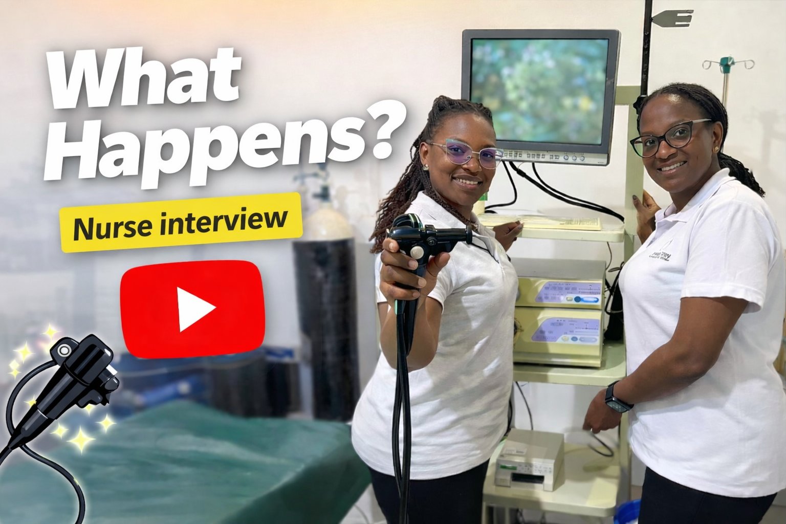 Two endoscopic nurses in the theatre holding an endoscope — click to watch on YouTube